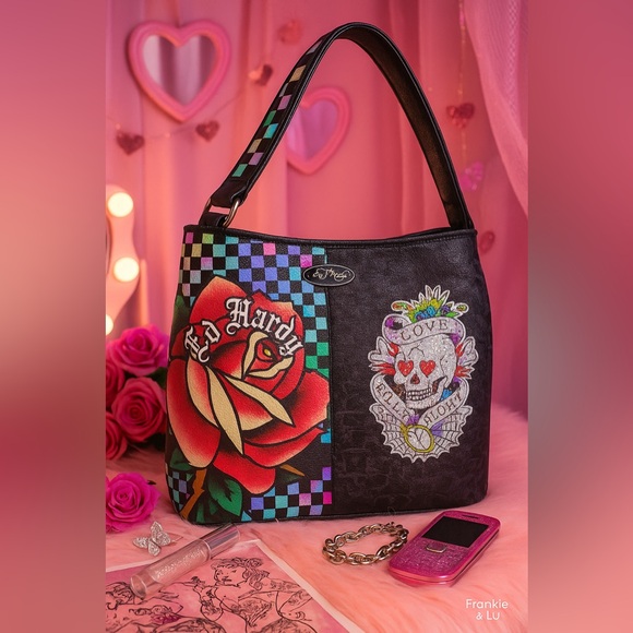 Ed Hardy Black Shoulder Bag Holographic Checkerboard Rose & Rhinestone Skull NWT - Picture 1 of 9